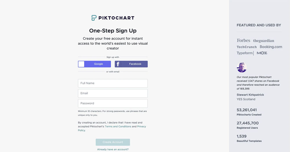 Piktochart's signup page and form text box when getting started with piktochart to make an account