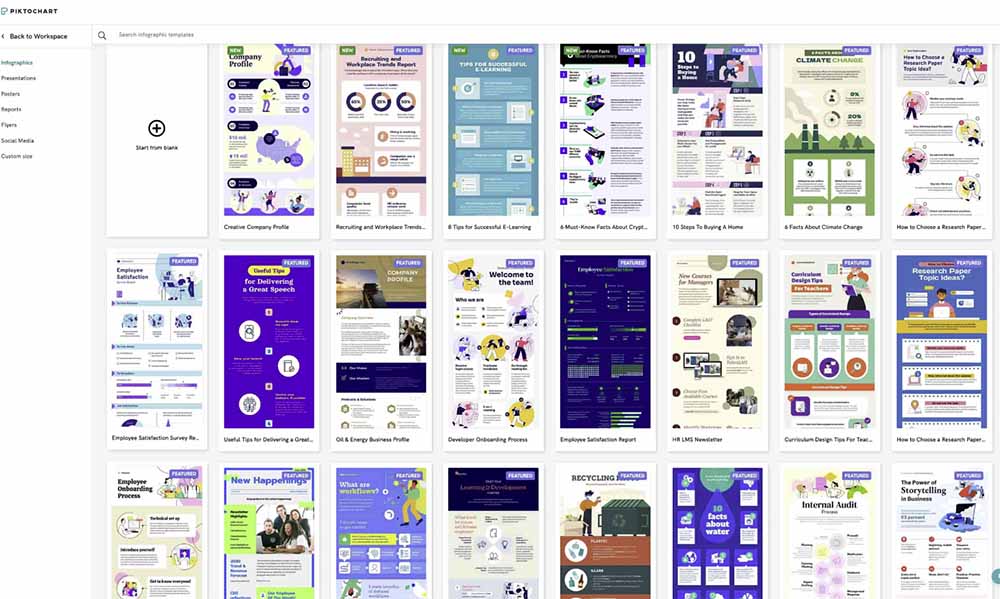 screen of preview of infographic templates in piktochart