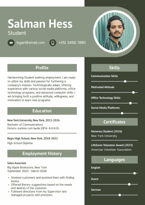 CV Example for Students | Free Resume Template - Piktochart