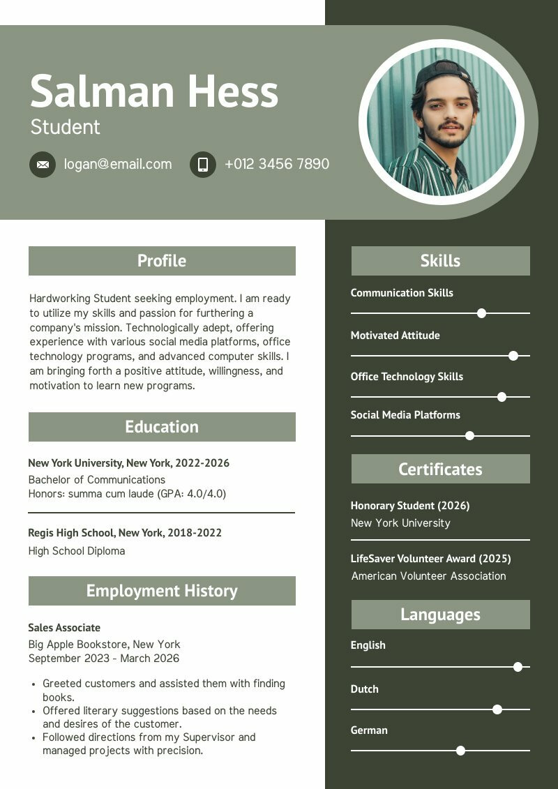 Cv Example For Students | Free Resume Template - Piktochart