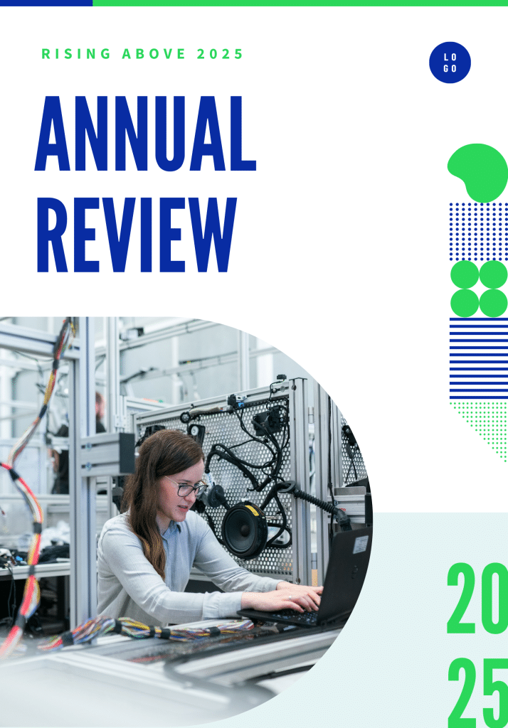 annual review template by Piktochart showing how to write a report