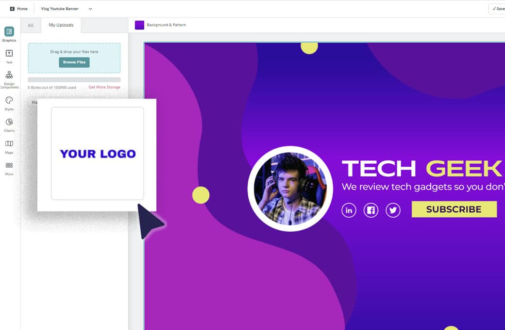 unggah logo Anda ke platform Piktochart untuk ditambahkan ke template banner tanpa menggunakan alat pengeditan foto, contoh pada alat untuk membuat banner YouTube