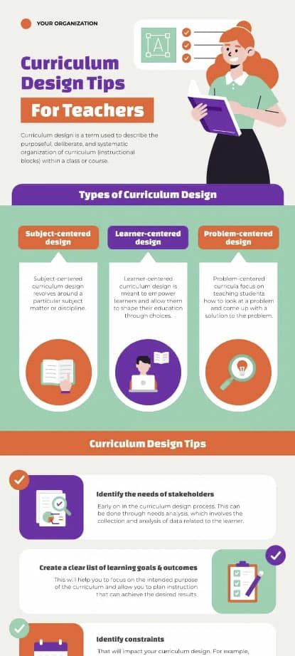 an infographic poster template about curriculum design tips for teachers to check out, infographics and examples