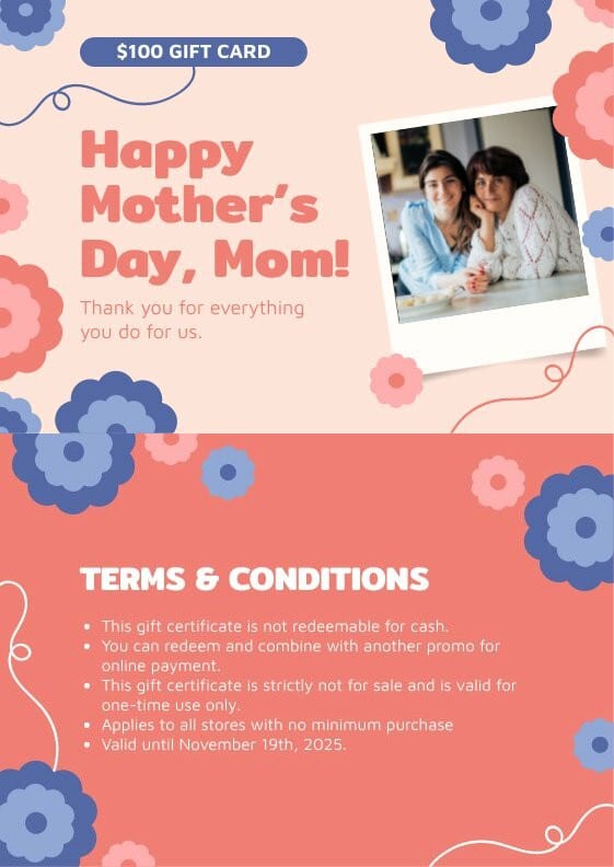photo mother's day gift voucher template