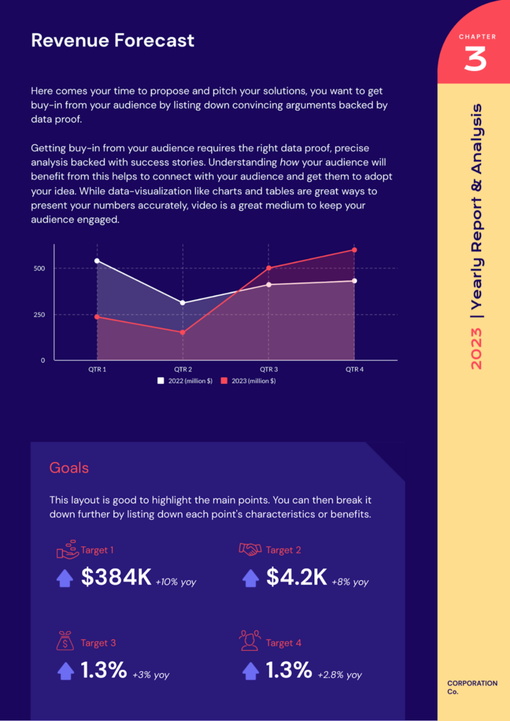 a report about revenue forecast with graphs, charts, and icons