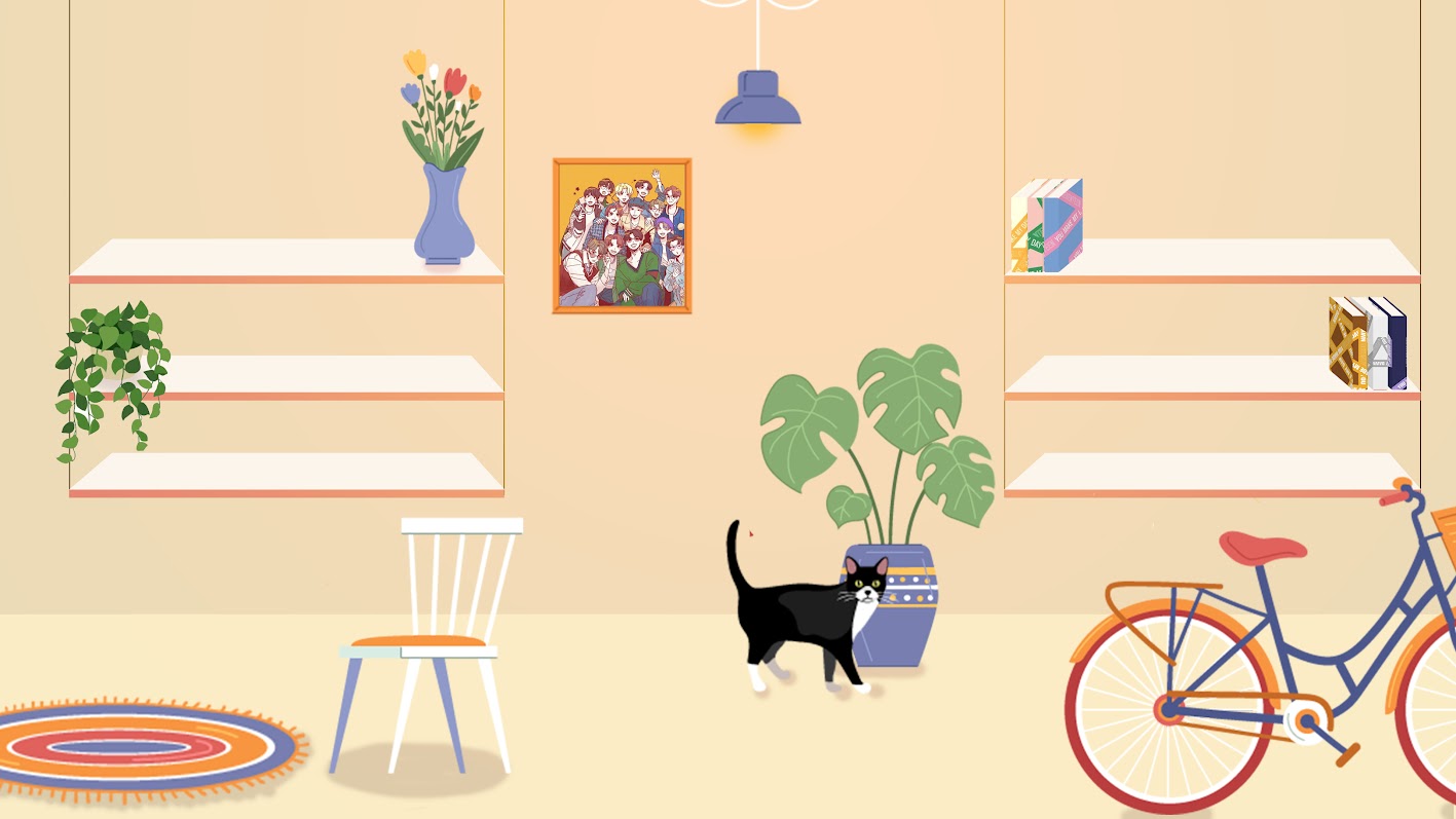 cute wallpapers with a cat hanging shelves in a living room