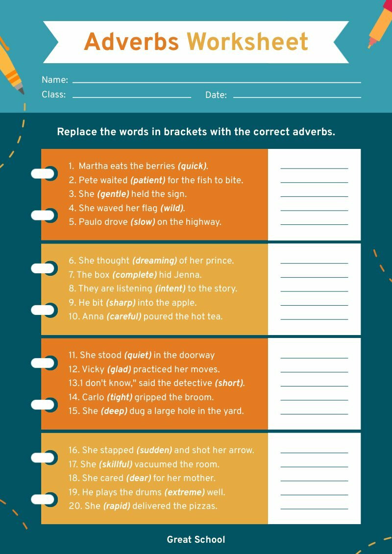 practice worksheets template about adverbs for second grade kids