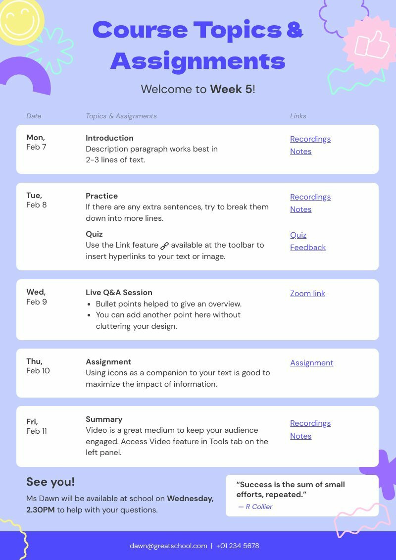 class schedule template with subject and classes of the week