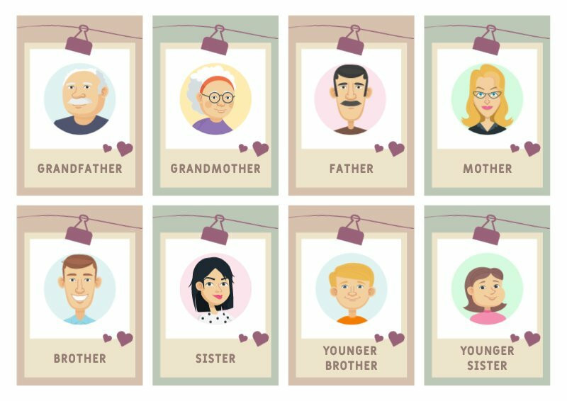 My Family flashcards design vector set. Printable flashcard for