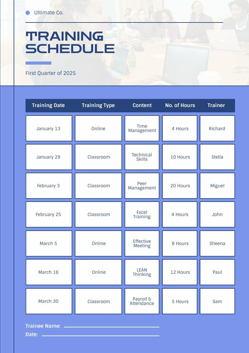 training schedule template instructor can edit and add courses into