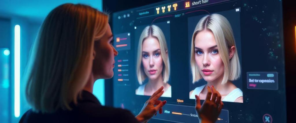 image of a woman using a large touch screen editing her self portraits used in expression editor ai