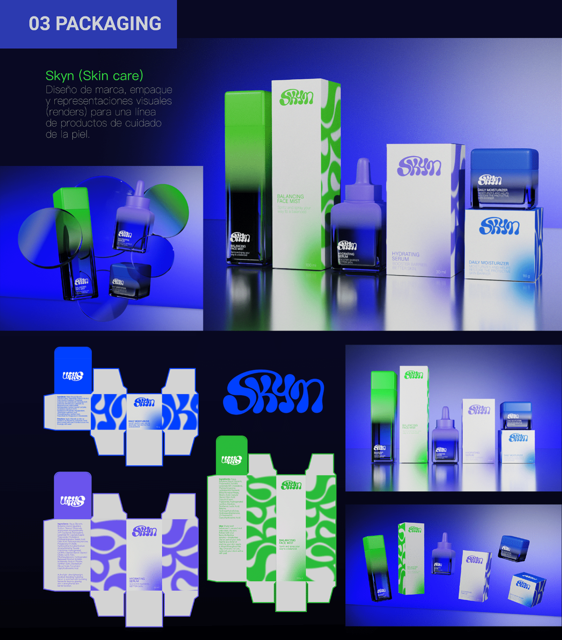 packaging design with futuristic look featuring gradient leak in in blue and green