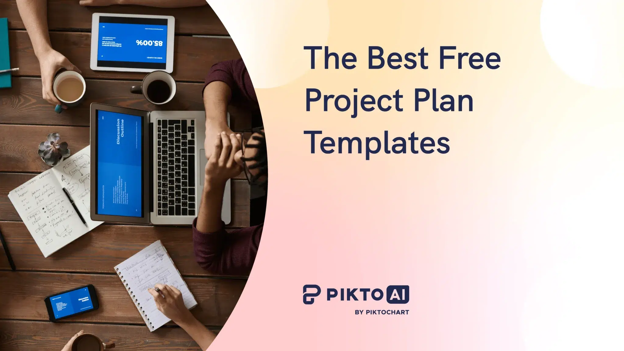 featured image for a piktochart article about the best poster making apps and software, red background with half oval cutout with people working on laptops and tablets designing posters