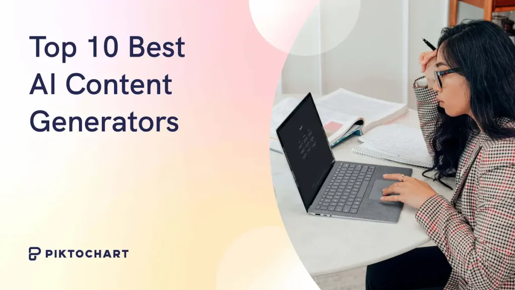 a wide-format digital banner with a soft gradient background blending pastel pink, peach, and pale yellow tones, two large light-colored circles are partially visible in the upper right area creating a subtle layered depth effect, bold dark navy text on the left side reads top 10 best ai content generators in large multi-line sans-serif lettering, the piktochart logo and wordmark appear in dark navy in the lower left corner, on the right side a young woman with long black wavy hair and glasses is seated at a white marble surface, she wears a pink and white houndstooth patterned blazer and holds a pen to her temple with one hand while her other hand rests on the trackpad of a silver laptop, the laptop screen displays dark content against a black background, behind her are open notebooks and papers suggesting a research or work setting