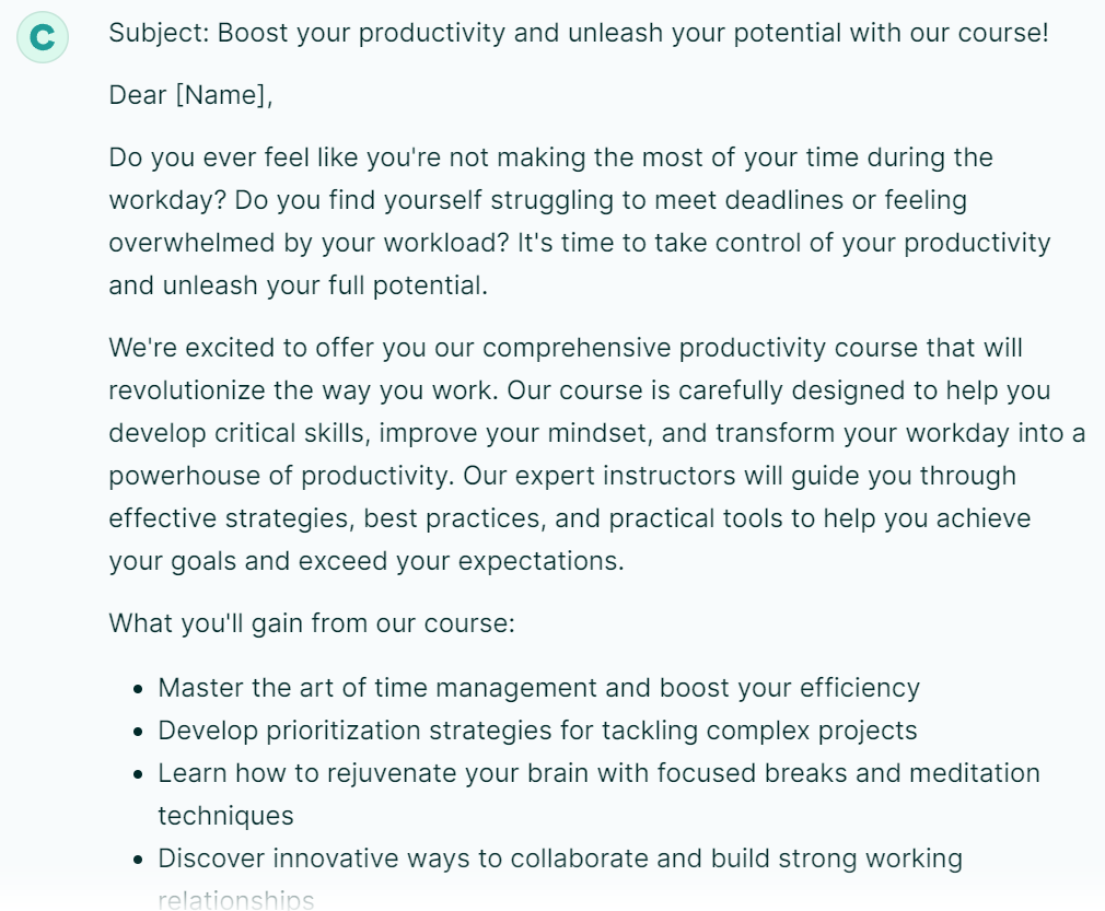 example of an email about a productivity course by copy.ai