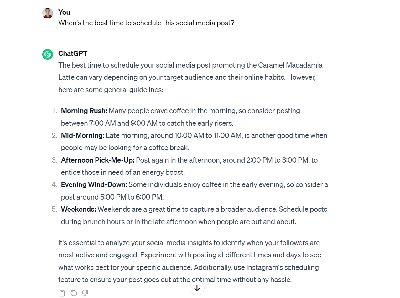 suggestion by chatgpt on best times to schedule social media posts