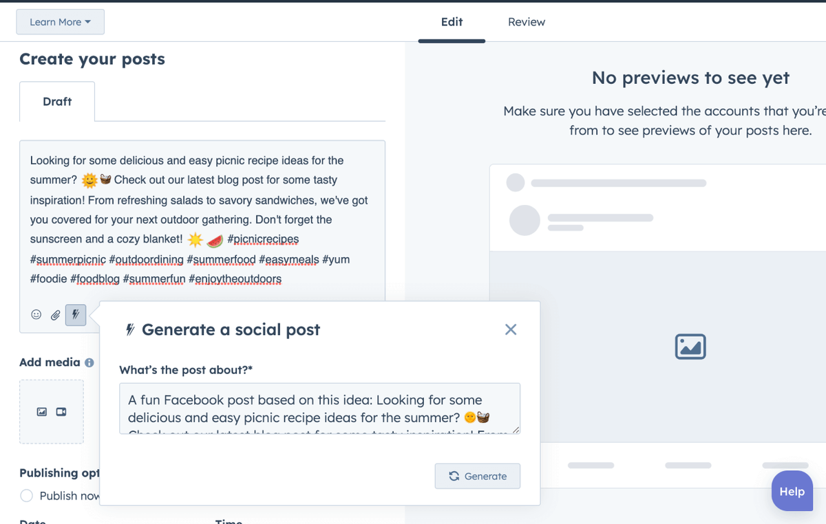 screenshot of using hubspot ai social media generator, creating post about picnic recipes
