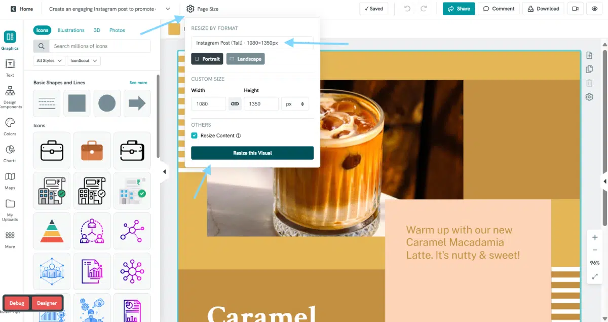 screenshot of piktochart ai editor for a square instagram post on the right with a brown background and a macadamia latte, tutorial with arrows showing how to resize the image to 4:5 ratio
