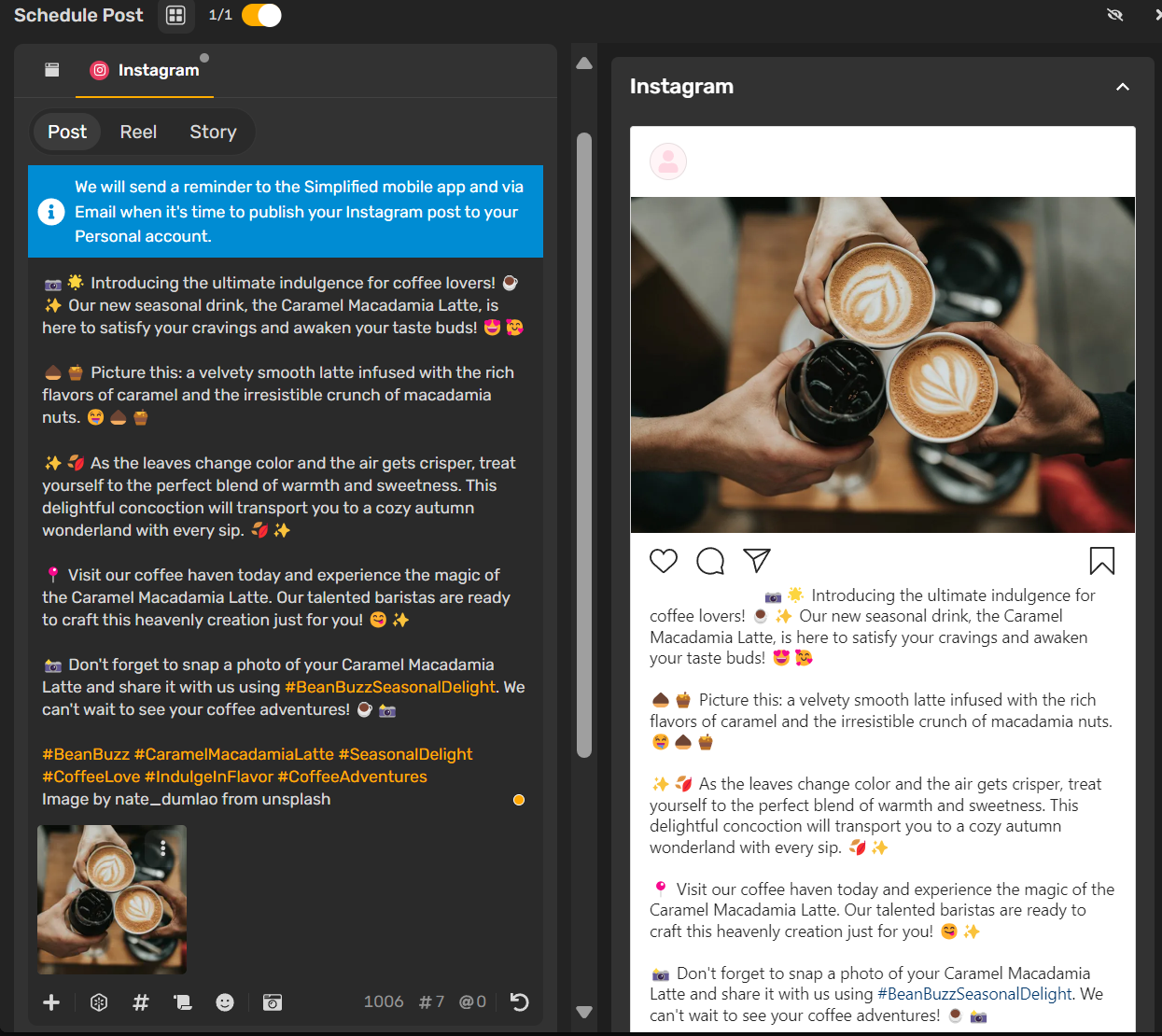 example of a social media post about a new coffee made by simplified