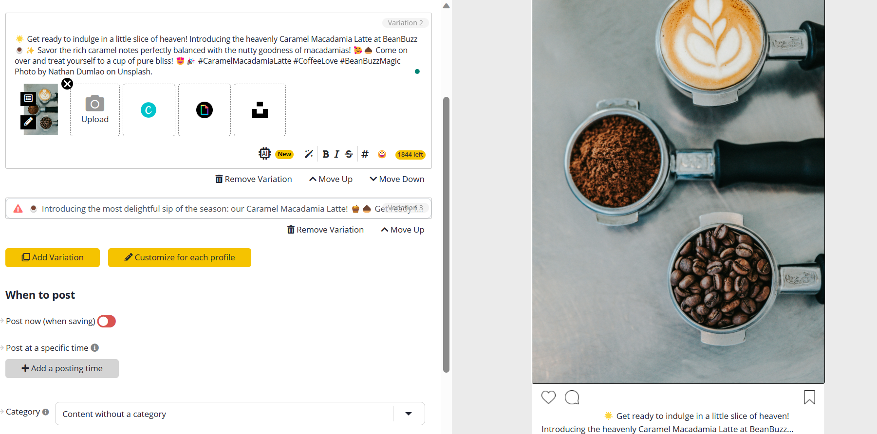 example of a social media post about a new coffee made by socialbee