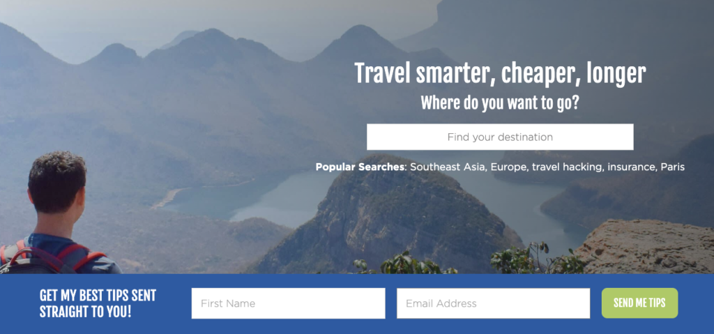 A personalized email signup page for a travel blog