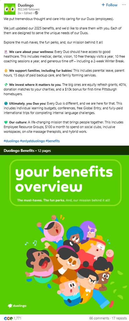 screenshot of linkedin carousel by language learning saas platform duolingo