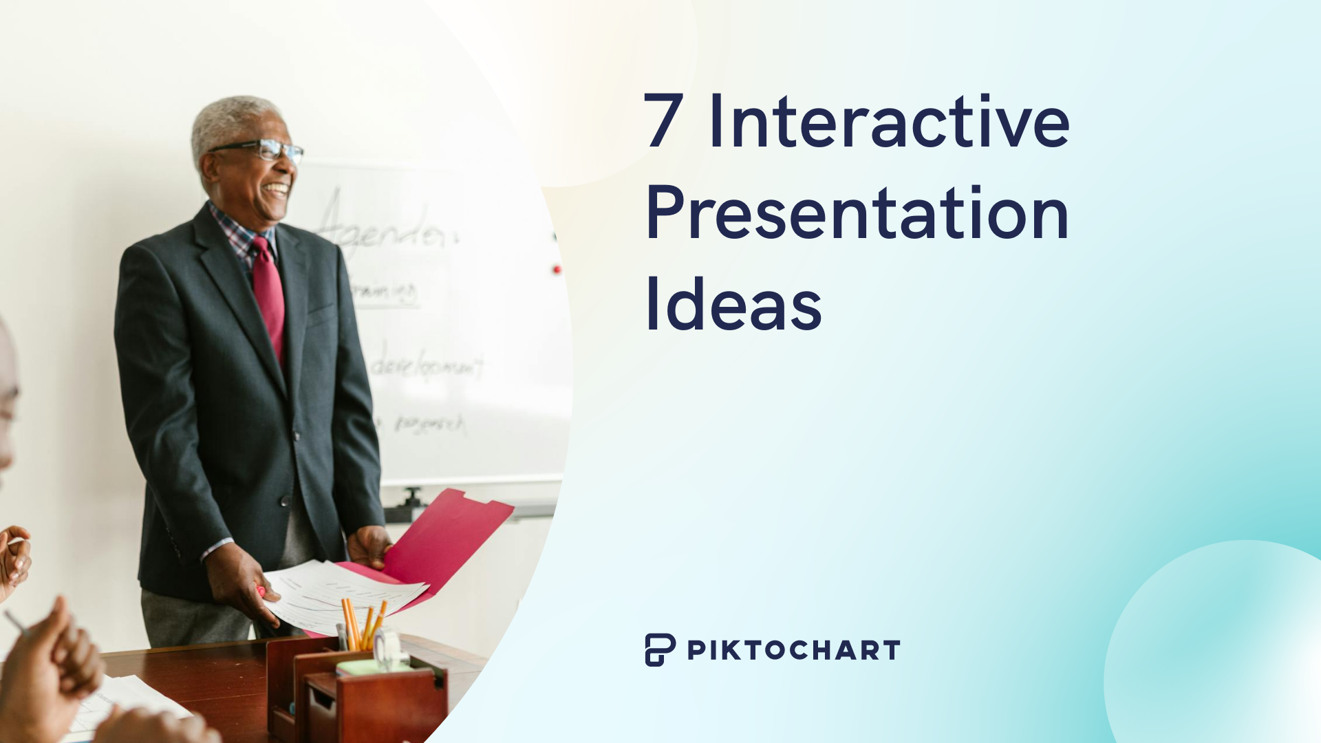 interactive presentation ideas featured image, man laughing during a presentation while holding a red folder while