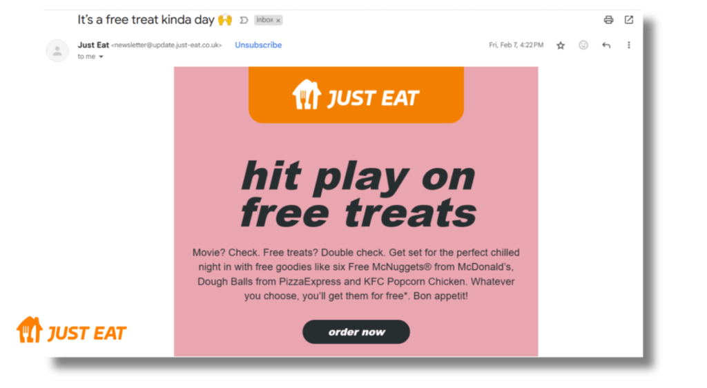 just eat email promising free treats