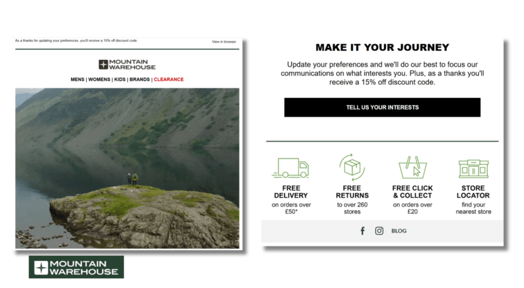 mountain warehouse email highlighting preferences and a 15% discount code