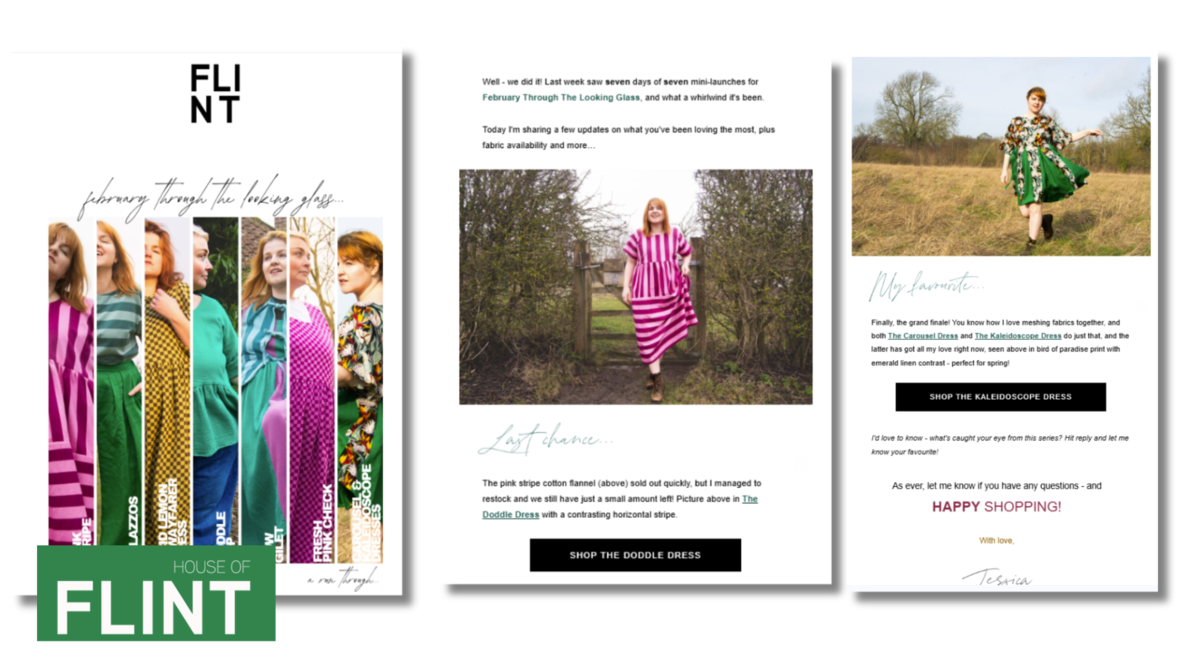 examples of how to create a newsletter by uk brand house of flint, three newsletter screenshots side by side