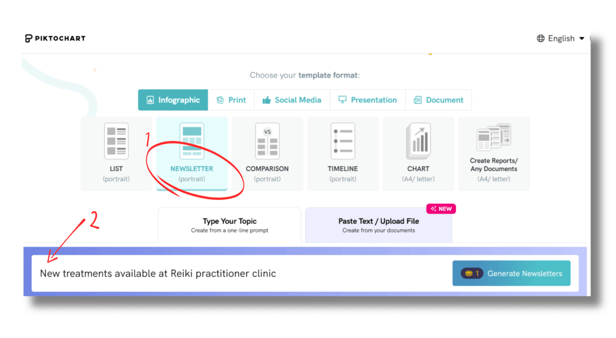 How to create a newsletter with consistent branding - inserting a prompt in piktochart ai newsletter design interface for a Reiki practitioner business