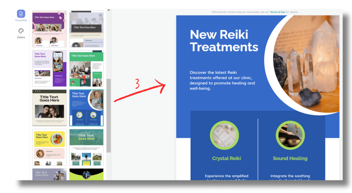 screenshot of piktochart ai newsletter design software interface with focus on reiki treatment templates