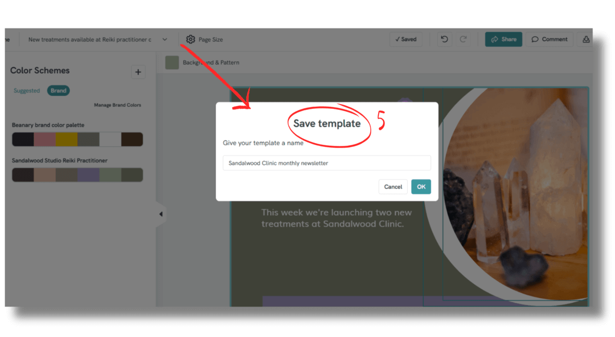 screenshot of piktochart ai newsletter design software interface with focus on saving template