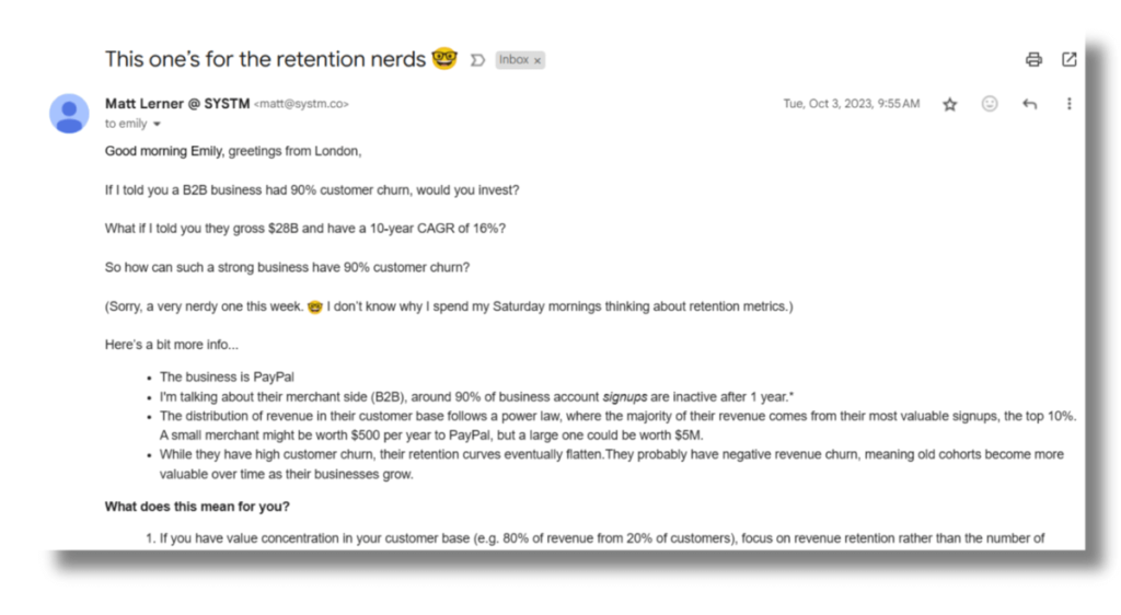 screenshot of an email from matt lerner on retention nerds with a subject line