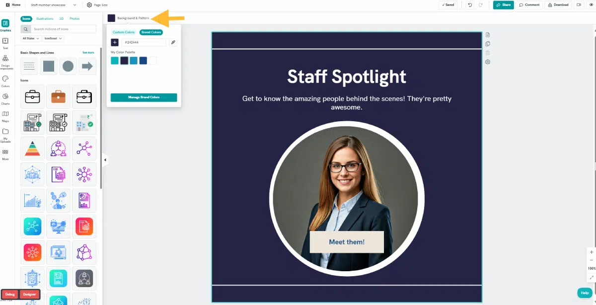 screenshot of piktochart editor, showing how to use brand assets and color palette for an ai generated instagram square post with a young attractive woman in a suit and glasses in the middle