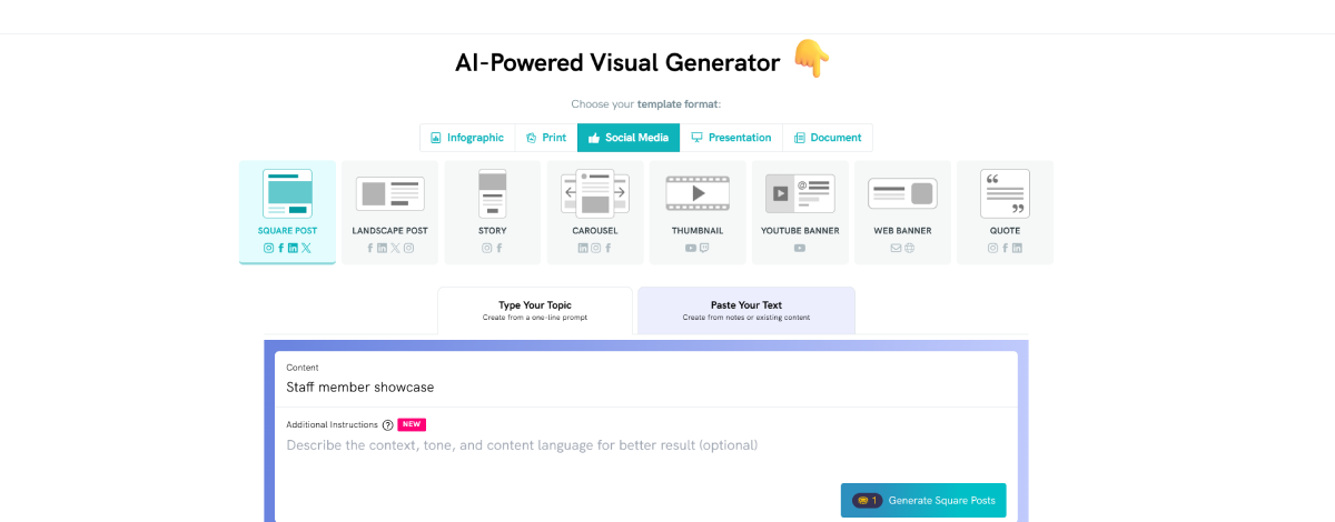 screenshot of piktochart ai editor, picture of text in the prompt box that says staff member showcase