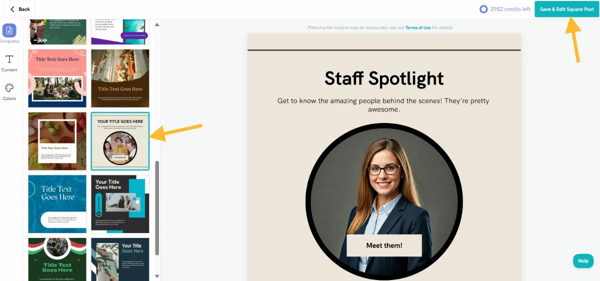 screenshot of piktochart ai templates, picture of a meet the team instagram square post with a young attractive woman in a suit and glasses in the middle