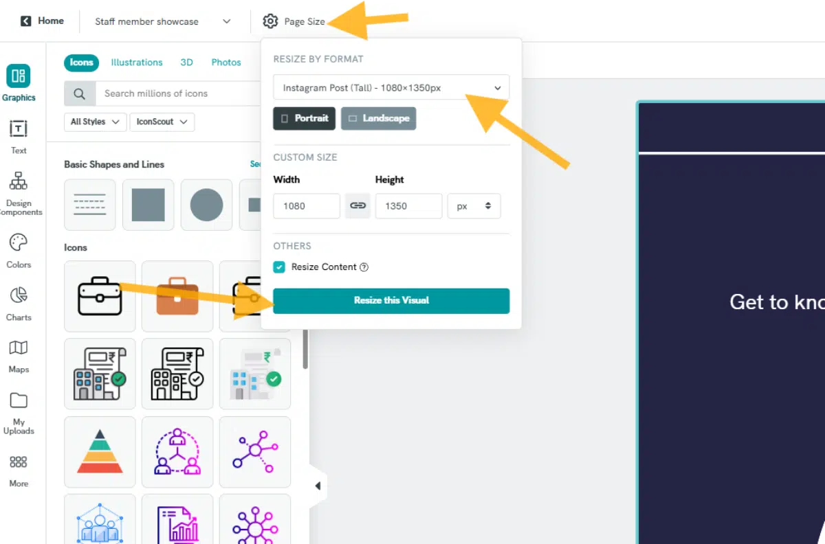 screenshot of piktochart editor, showing how to resize a square instagram post to the default 4:5 ratio