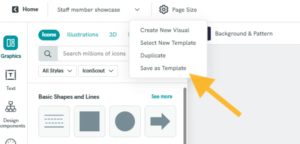 screenshot of piktochart editor, showing how to save a template for future use