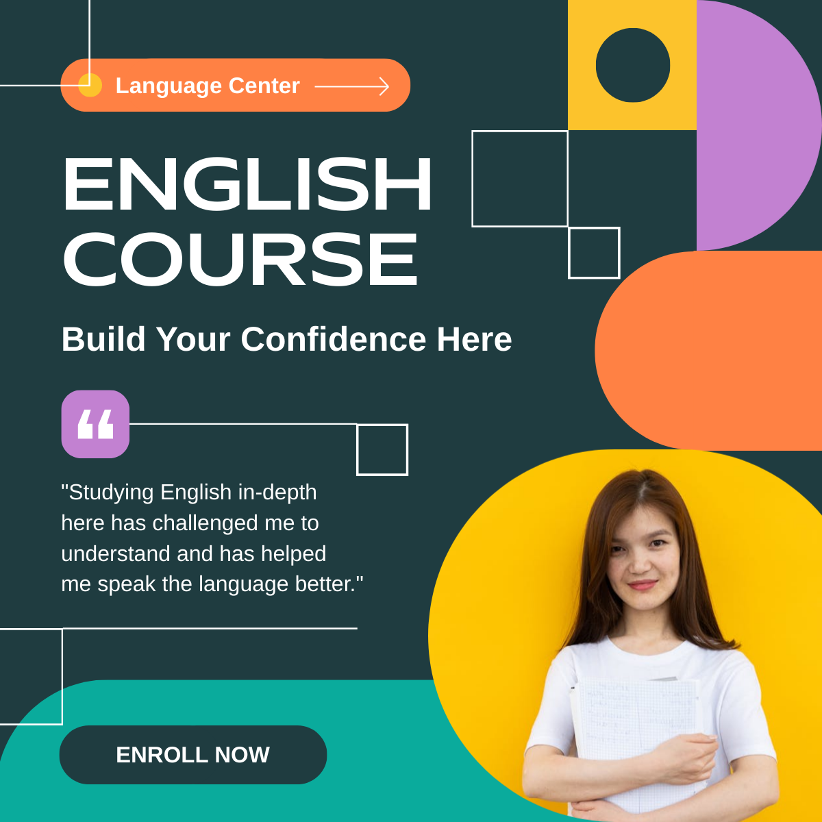 this is a square advert promoting enrollment for an english course for a piktochart article about contrast in design
