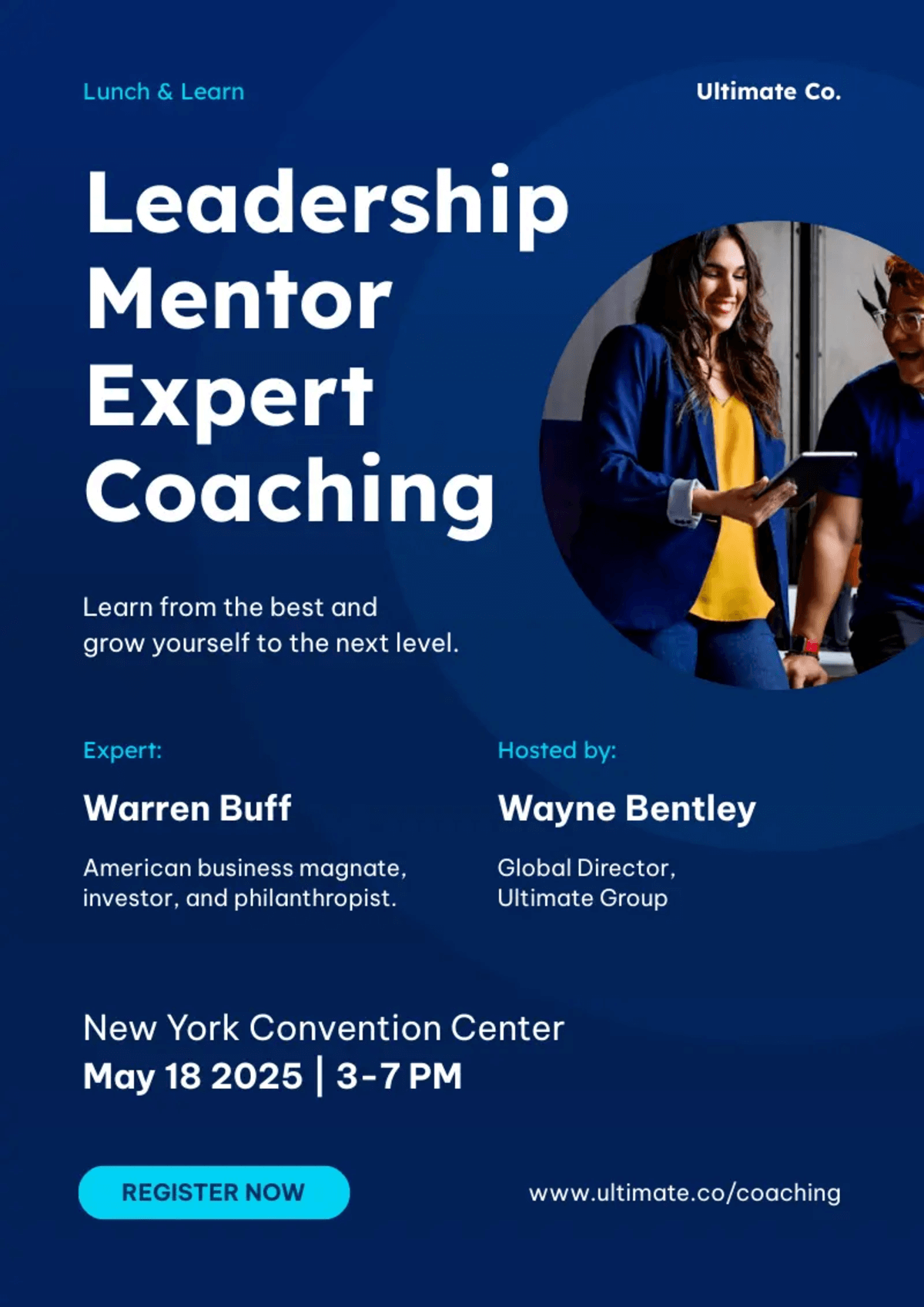 blue poster for a leadership mentor workshop