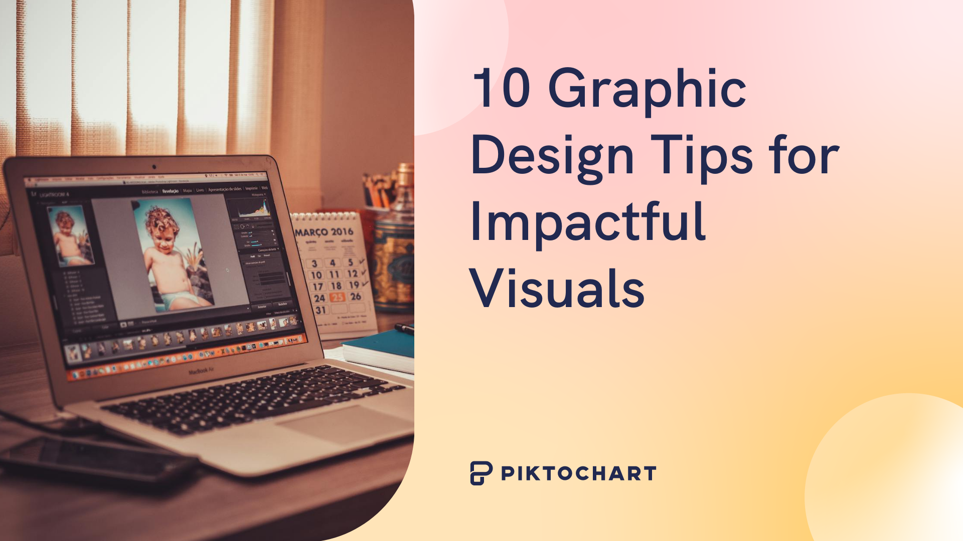 featured image for a piktochart article about graphic design tips, red and orange background with a laptop open using photoshop