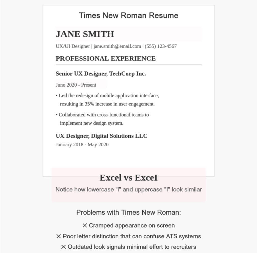 resume sample using times new roman font, with notes highlighting its drawbacks for readability and ats compatibility