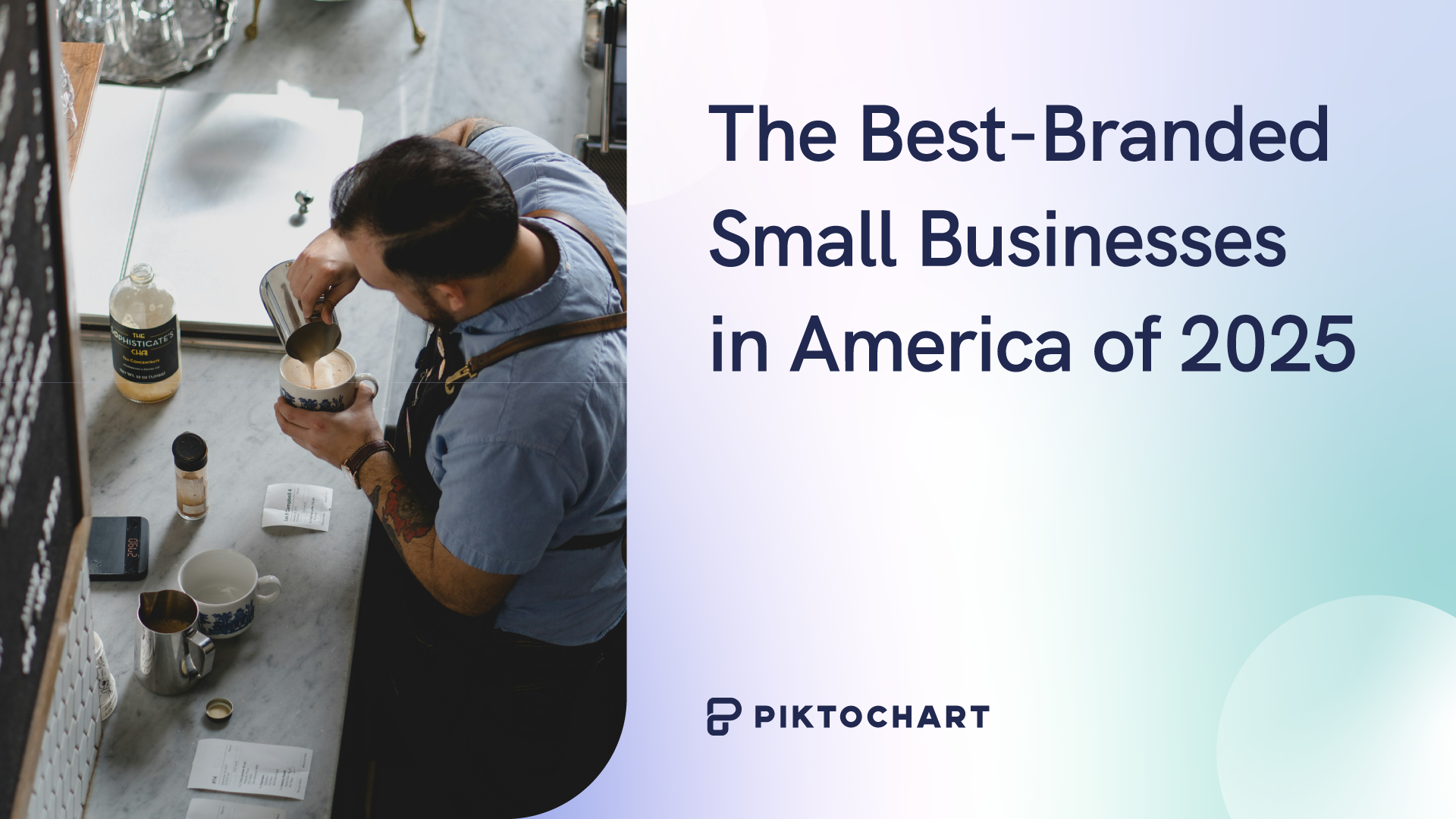 feautred image for a piktochart article about the best small business brands across america in 2025, male barista pouring coffee at a counter