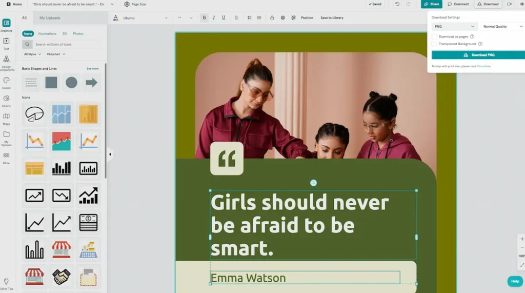 screenshot of piktochart ai quote generator step 4 download and share