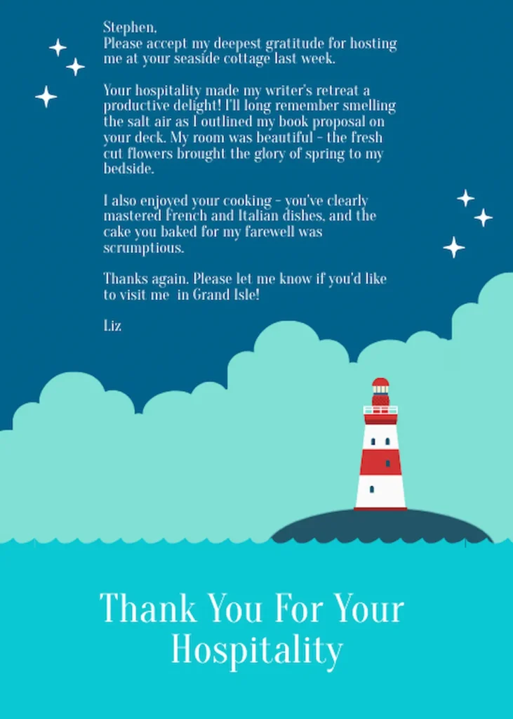 thank you note for hospitality example