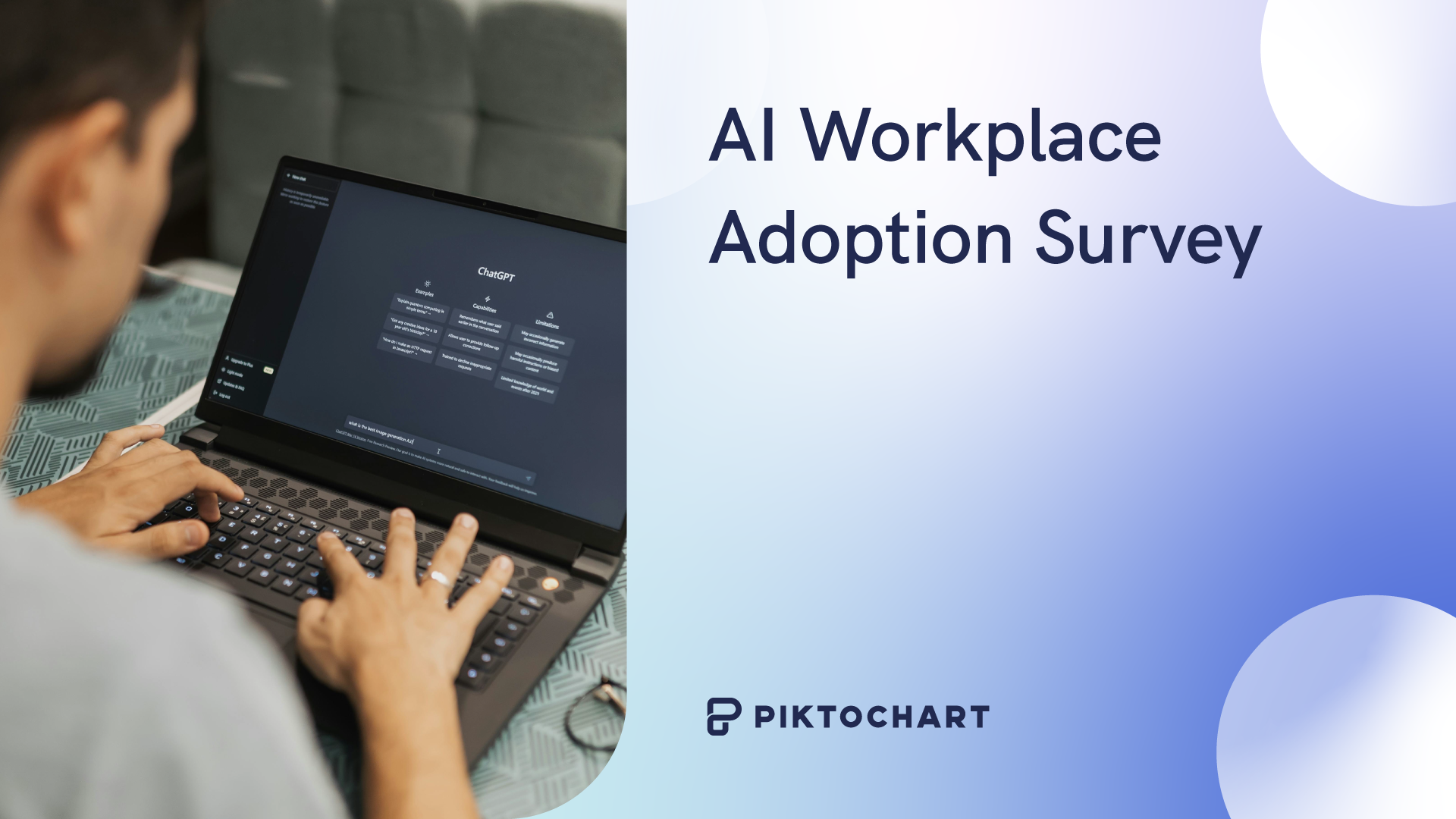 ai in the workplace featured image piktochart article, man working on a laptop using ai