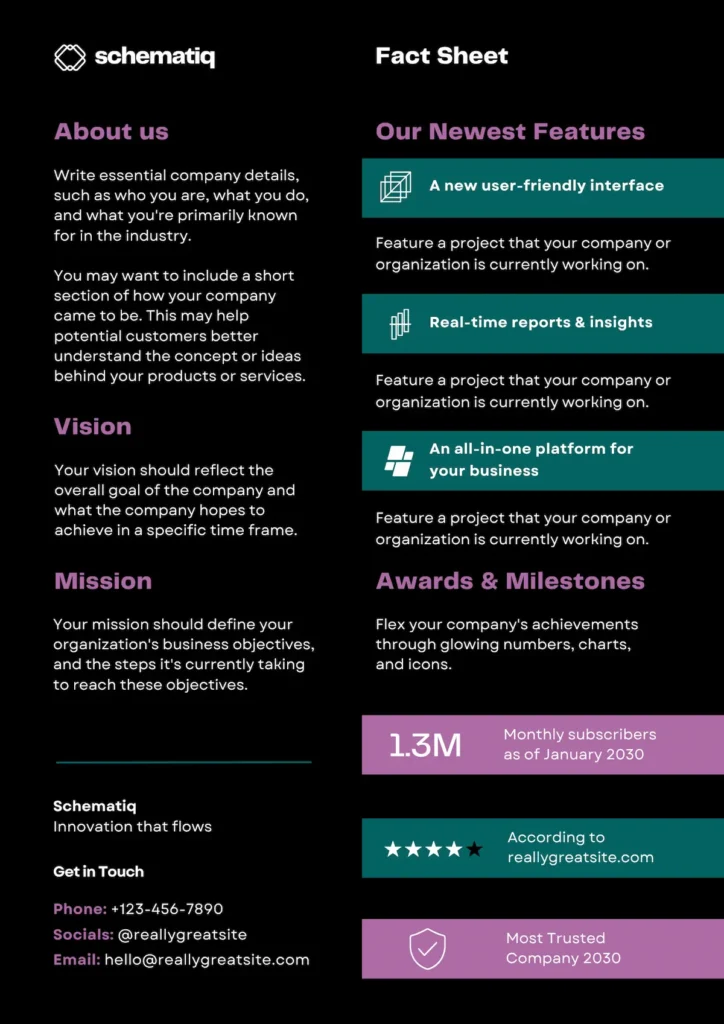 a business fact sheet template available with a free Canva account
