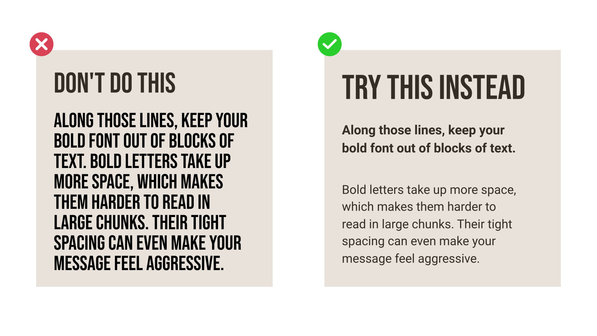 a side-by-side comparison showing the incorrect and correct use of bold fonts for readability, the don't do this example on the left displays a paragraph in a hard-to-read, heavy bold font, the do this instead example on the right shows the same text in a clean, legible, regular-weight font