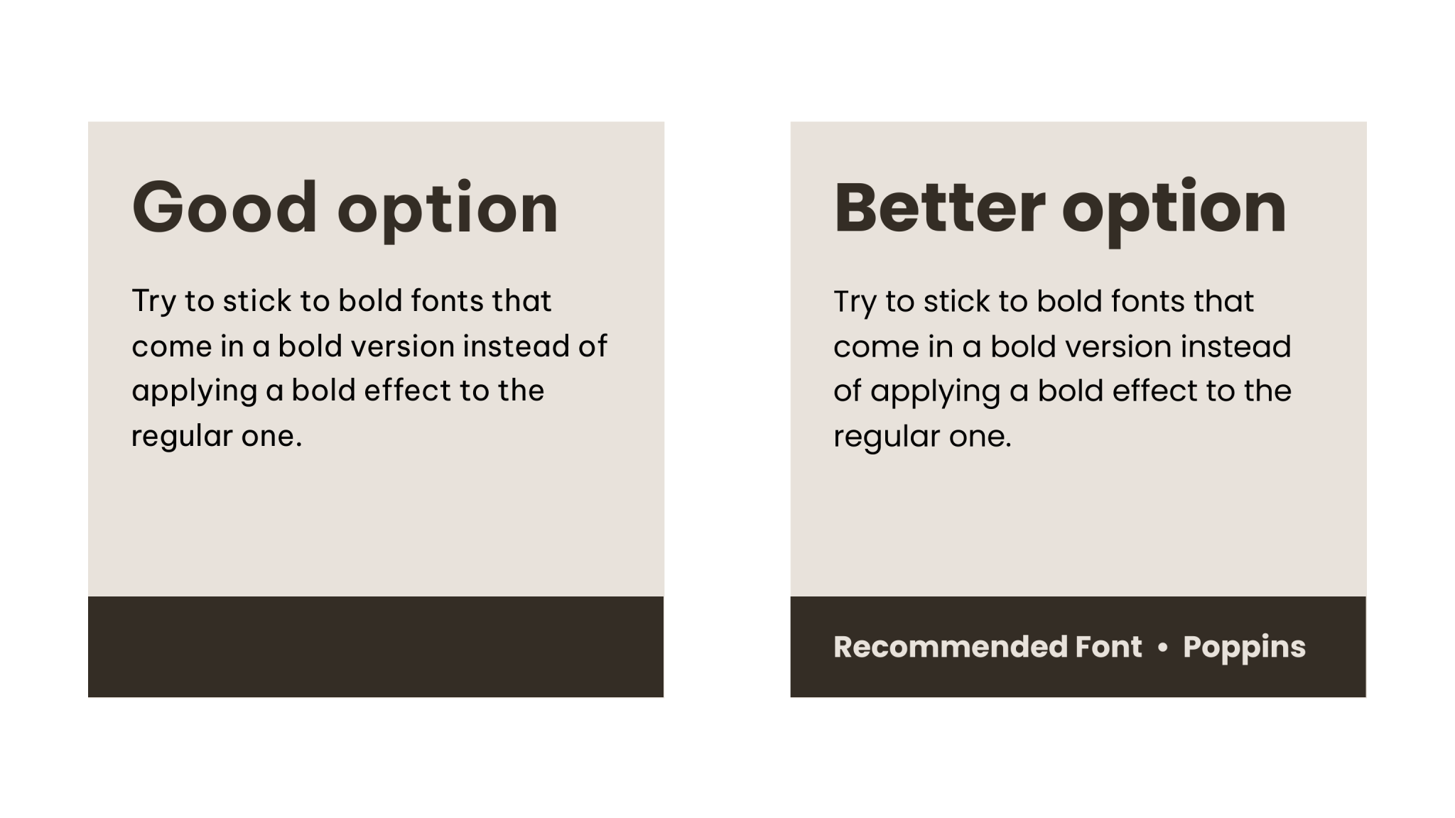 a visual guide on typography best practices, showing why using all-caps for body text is not recommended, the don't do this example uses aggressive, hard-to-read, all-caps bold text, in contrast, the try this instead example uses a more readable format with a mix of an all-caps heading and a sentence-case body font